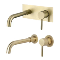 Brushed Gold Wall Mounted Bathroom Basin Faucet Hot and Cold Mixer SUS 304 Stainless Steel Tap Square and Round Plate