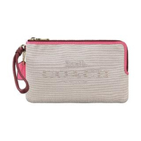【COACH】COACH 刺繡LOGO緹花6卡雙拉鍊層手拿包(米白x粉紅)