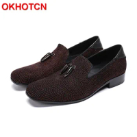Red Rhinestone Korean Loafers Men Casual Business Dress Shoes Slip On Paprika Men Loafers Moccasins Crystal Real Leather Shoes