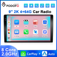 Podofo 2Din Car Stereo 9'' QLED 2K Multimedia Player Carplay Android Auto GPS Navigation 8Core 2.0GHz 4+64G WIFI&amp;4G Car Audio