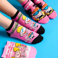 Dexter's Laboratory X SHEIN 3 Pairs Women Breathable Anti-Slip Cartoon Pattern Short Socks, Reinforc