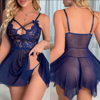 Sexy Hot Women's Pajamas Erotic Lingerie Mini Nightgown Lace Strap Perspective Sleepwear Set Fantezi Baby Doll Sex Underwear