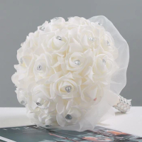 Wedding bride holding flowers Bouquets Crystal Pearl Silk Roses Bridal Bridesmaid Wedding Hand Bouquet Artificial fake flowers