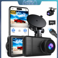 KQQ Ultra HD 4K Dash Cam Front and Rear Dual Camera Support WIFI &amp; App Control 24H Parking Monitor Whit 64g SD Card