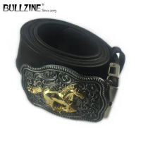 Bullzine zinc alloy western running horse belt buckle with gold and pewter finish with PU belt with connecting clasp FP-03705