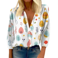 Women'S Shirt Button Casual Easter Print Fashion Round Neck Drop Shoulder Seven Sleeve Shirt Top Women'S Cropped Y2k Tops Cute