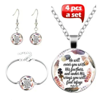 4Pcs/Set He Will Cover You With His Feathers Psalm 91:4 Glass Necklace Bracelet Earrings Bible Verse Jewelry Gift For Konminry