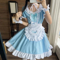 NONSAR Lolita Maid Dress Summer Women's New Japan Anime Sky Blue Bow Cosplay Dress With Apron