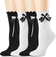 4 Pack Womens Ruffle Crew Socks Cute Lace Bow-Knot Princess Socks Cotton Casual Frilly Black White F