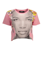 Womens Face Print Crop Tee Short Sleeve Casual Top in Blush Pink