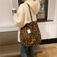 Women Corduroy Shoulder Bags Canvas Lining Leopard Design Eco Cotton Cloth Handbag Cute Books Tote Handy Shopping Bag For Ladies