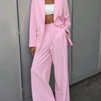 Tesco Pink Casual Suit For Women Sets 2 Piece Loose One Button Blazer Fashion Straight High Waist Wide Leg Long Pants For Party