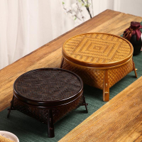 日式竹編茶具收納盒茶臺創意傢用圓形帶蓋零食籃漆器盒竹製整理盒