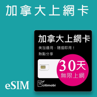 【citimobi 上網卡】eSIM加拿大30天上網吃到飽