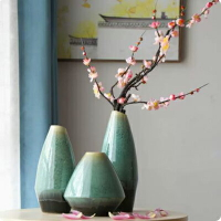 【斜口翡翠綠花瓶系列-多款可選-1款/組】新中式陶瓷花瓶模擬花套裝家居擺件高端裝飾-90501