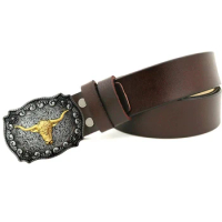 Western Cowboys Gold OX Head Metal Buckle Cowskin Belts for Men Genuine Leather Belt 120cm