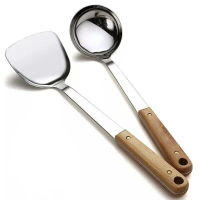 居家廚房用具木柄鍋鏟湯勺漏勺家用長柄不銹鋼廚具勺子炒菜鏟子