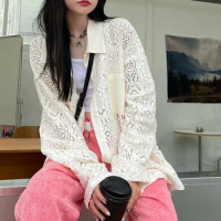 Spring Trend Buttons Hollow Out Turn-down Collar Blouse Femme Femme Patchwork Perspective Buttons Pullovers Femme Korean Top Tee