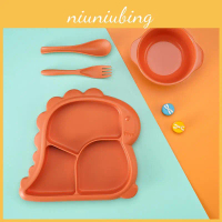 Cartoon Dinosaur Three Compartments Dinner Plate Spoon Fork Bowl Cutlery Set For Toddler Dining And 
