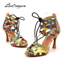 Ladingwu Ballroom Dance Shoes Women Snake textur Salsa Dance Shoes Wide and narrow adjustment Shoelace Latin Shoes Dance Boots