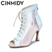 CINMIDY Low Soft Sole Dance Boots Women Breathable Mesh Latin Dance Shoes For Girls Ballroom Dance Boots Ladies Party Shoes
