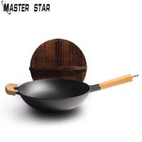 Master Star Cast Iron Wok Chinese Traditional Wok Non-coating With Wooden Cover Gas Cooker Best Wok
