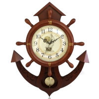 創意壁掛鐘客廳歐式實木鐘表船舵靜音時鐘現代掛表地中海石英鐘