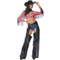 Sexy Spice Girl Gold Stamping Print Shirt &amp; Belt Leather Pants Briefs Western Denim Cosplay Costume Women Halloween Dance Outfit