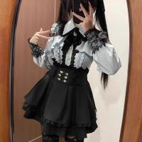 Women‘s Lolita Set Dark Femme Mesh Top & Waist Cinching Skirt, Autumn Japanese Street Style Coord fo
