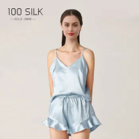 ruffle 100% Silk pajama for women suit 100% mulberry silk Sleepwear 19MM heavy silk pajama