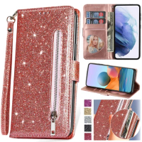 Glitter Leather Case for Samsung Galaxy S24 + S23 Ultra S22 S21 Plus S20 FE S10 S9 S8 Note 20 5G Zipper Flip Wallet Phone Cover