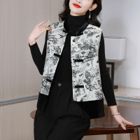 【巴黎精品】唐裝背心馬甲外套-絲絨拼接水墨畫盤扣女外套a1hv18