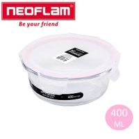 NEOFLAM 專利無膠條玻璃保鮮盒圓形400ml-白上蓋粉紅膠條