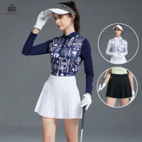 Swan Love Golf Women Shirt Summer Ice Silk Sunscreen Long Sleeve Printed T-shirt Pleated Skirt High Waist Skorts Clothing Sets