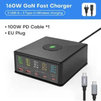 160W GaN USB Charger Station 15W Wireless Charging LCD Display USB C PD 65W QC3.0 Fast Charger for Iphone Samsung Xiaomi Laptop