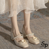 【Sp house】唯美風格珍珠花朵綢緞方頭粗高跟鞋(杏色)