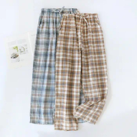 Spring and Summer Gauze Cotton Thin Couples Plaid Printed Pajama Pants for Men's and Women's Sleepwear