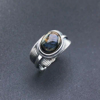 CSJ Real Natural Pietersite Ring Sterling 925 Silver Chatoyant Gemstone Jewelry for Women Party Wedding Birthday Gift
