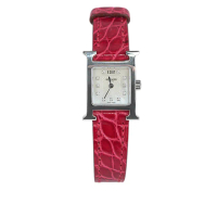 【Hermes 愛馬仕】Heure H 鱷魚皮錶帶帶鑽女錶_21MM_展示品(紅色)