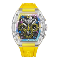 BONEST GATTI Men Automatic Watch Tonneau Mechanical Wristwatch Crystal Case Waterproof Luminous Fluororubber Strap Multi Dial