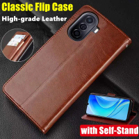 For Huawei Nova Y71 Genuine Leather Case Vintage Wallet Simple Folding Flip Protective Case with Kic