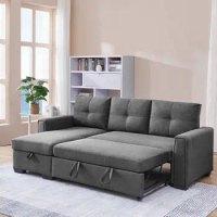 91.7 Inches Pull-Out Sleeper Bed, L-Shape 3-Seater Modular Fabric Convertible Reversible Sleeper Sectional Sofa,For Living Room