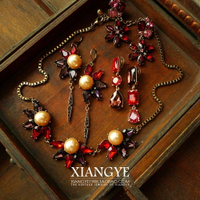 向葉 復古宮廷紅寶石滿鉆耳釘項鏈西洋古董復刻vintage珠寶首飾