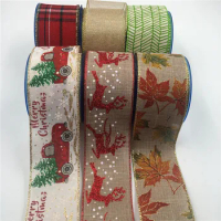 63MM X 25Yards Christmas Vintage Wired Burlap Ribbon for Gift Wrapping Christmas Holiday Tree Decoration Wreath Bows