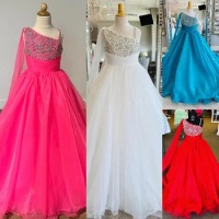 One-Shoulder Ballgown Girl Pageant Dress 2024 with Cape Crystals Little Kid Birthday Formal Cocktail Party Gown Teens Young Miss