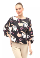 Evernoon Blouse Atasan Wanita Lengan Panjang Model Puff Motif Abstrak Regular Fit - Hitam