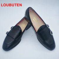 LOUBUTEN Luxurious Double Monk Strap Shoes For Men Black Real Leather Loafers Slip On Dress Shoes Men's Party Wedding Shoes