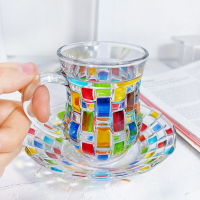 彩色手繪彩繪玻璃杯咖啡杯水杯帶把手茶杯碟子馬克杯兩件套裝家用