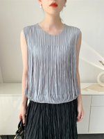 S-563# Summer Ruched T-Shirt Women Miyake Style Ruched Top Comfortable Casual Tassel Design Loose