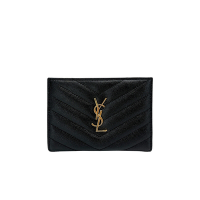 YSL 金logo粒面皮革二折扣式零錢袋短夾(668287-黑)